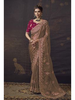 Suha - Self Jequard Fabric Brown Colour Cords Saree With Unstitched Blouse