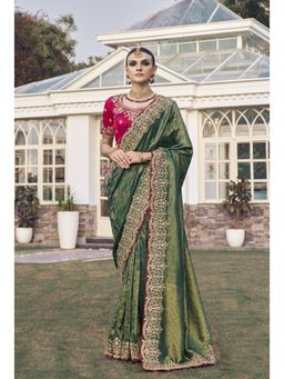 Suha - Jecquard Fabric Mehendi Colour Cords Saree With Unstitched Blouse