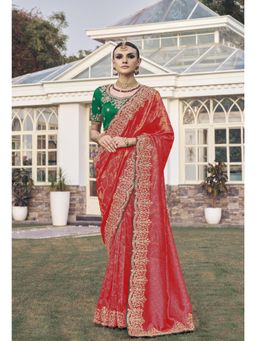 Suha - Jecquard Fabric Jecquard Fabric Red Saree With Unstitched Blouse