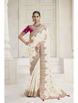 Suha - Tissue Vicose Fabric Cream Colour Zari Saree With Unstitched Blouse