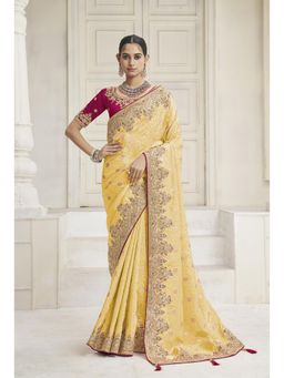 Suha - Tissue Vicose Fabric Tissue Vicose Yellow Saree With Unstitched Blouse