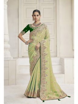Suha - Tissue Vicose Fabric Pista Green Colour Zari Saree With Unstitched Blouse