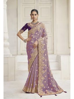 Suha - Tissue Vicose Fabric Purple Colour Zari Saree With Unstitched Blouse