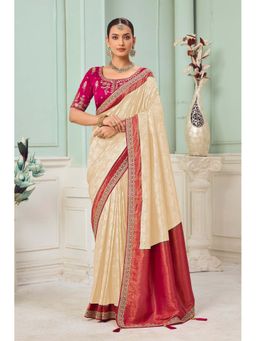 Suha - Jecquard Fabric Cream Colour Cords Saree With Unstitched Blouse