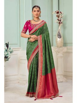Suha - Jecquard Fabric Green Colour Cords Saree With Unstitched Blouse