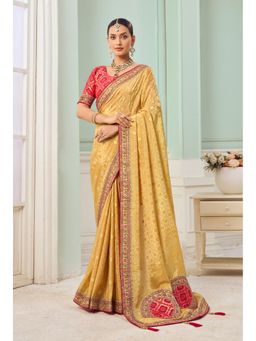 Suha - Tissue Vicose Fabric Yellow Colour Zari Saree With Unstitched Blouse
