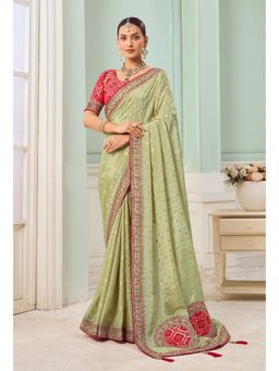 Suha - Tissue Vicose Fabric Pista Green Colour Zari Saree With Unstitched Blouse