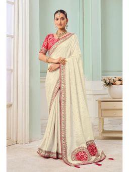 Suha - Tissue Vicose Fabric Cream Colour Zari Saree With Unstitched Blouse