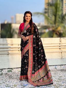 ELITE WEAVES - Black Viscose Woven Saree With Unstitched Blouse