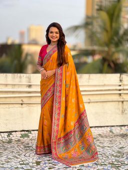 ELITE WEAVES - Mustard Viscose Woven Saree With Unstitched Blouse