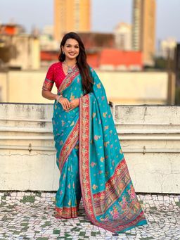 ELITE WEAVES - Teal Viscose Woven Saree With Unstitched Blouse