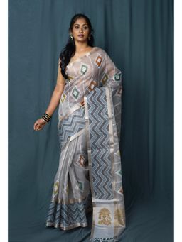Unnati Silks - Grey Pure Banarasi Zari And Applique Saree With Unstitched Blouse