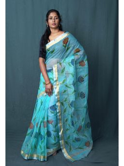 Unnati Silks - Blue Pure Hand Painted Kota Saree With Unstitched Blouse