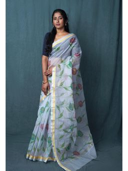Unnati Silks - Blue Pure Hand Painted Kota Saree With Unstitched Blouse