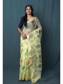 Unnati Silks - Yellow Pure Hand Painted Kota Saree With Unstitched Blouse