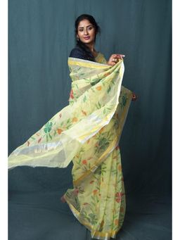 Unnati Silks - Yellow Pure Hand Painted Kota Saree With Unstitched Blouse