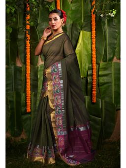 Unnati Silks - Mehindi Green Pure Pavani Cotton Saree With Unstitched Blouse