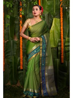 Unnati Silks - Olive Green Pure Pavani Cotton Saree With Unstitched Blouse