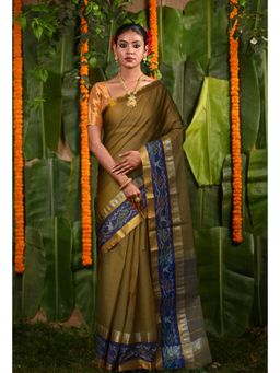 Unnati Silks - Mustard Olive Pure Pavani Cotton Saree With Unstitched Blouse