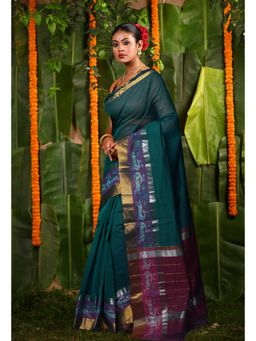 Unnati Silks - Peacock Green Pure Pavani Cotton Saree With Unstitched Blouse
