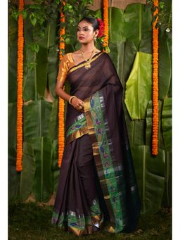 Unnati Silks - Dark Brown Pure Pavani Cotton Saree With Unstitched Blouse