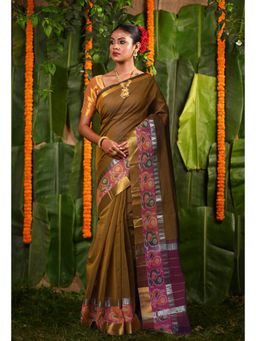 Unnati Silks - Mustard Olive Pure Pavani Cotton Saree With Unstitched Blouse