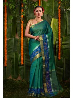 Unnati Silks - Turquoise Blue Pure Pavani Cotton Saree With Unstitched Blouse