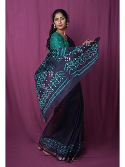 Unnati Silks - Navy Blue Turquoise Blue Pure Cotton Saree With Unstitched Blouse