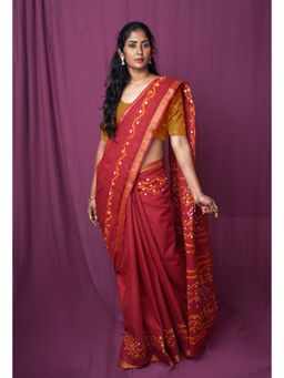 Unnati Silks - Red Cotton Tie & Dye Saree With Unstitched Blouse