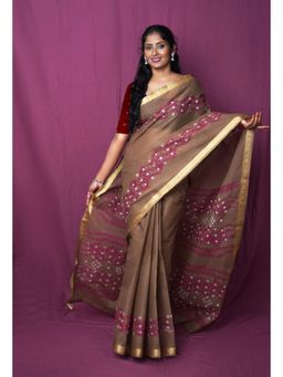 Unnati Silks - Brown Cotton Tie & Dye Saree With Unstitched Blouse