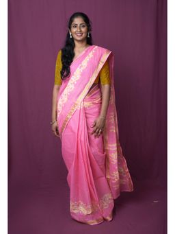 Unnati Silks - Pink Cotton Tie & Dye Saree With Unstitched Blouse