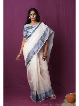 Unnati Silks - Cream Pure Plain Doria Kota Saree With Unstitched Blouse