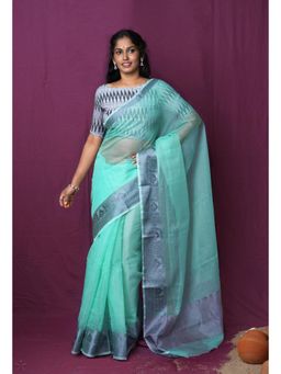 Unnati Silks - Turquoise Blue Pure Plain Doria Kota Saree With Unstitched Blouse