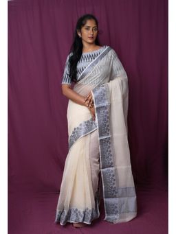 Unnati Silks - Cream Pure Plain Doria Kota Saree With Unstitched Blouse
