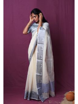 Unnati Silks - Cream Pure Plain Doria Kota Saree With Unstitched Blouse