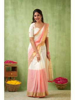 Sutisancha - Peach Cotton Woven Saree With Unstitched Blouse