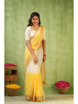 Sutisancha - Yellow Cotton Woven Saree With Unstitched Blouse