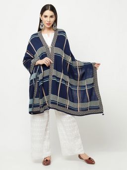 KnitStudio - Navy Blue Checked Self Design Knitted Shawl