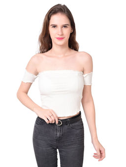 NOBARR - Womens Regular Fit Off- Shoulder Smocked White Crop Top