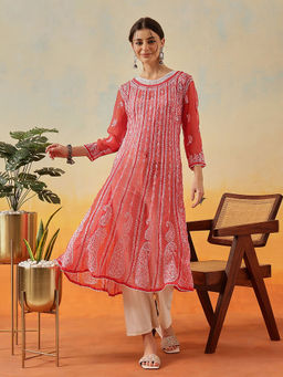 ADA - Hand Embroidered Brick Red Georgette Lucknow Chikankari Anarkali Kurta (XS) (A411207)
