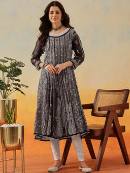 ADA - Hand Embroidered Black Georgette Lucknow Chikankari Anarkali Kurta (XS) (A411202)