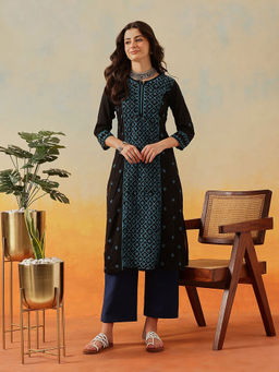 ADA - Ethnic Motifs Hand Embroidered Black/Blue Cotton Chikankari Kurta [A411472]
