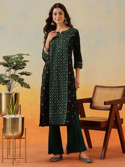 ADA - Ethnic Motifs Hand Embroidered Black/green Cotton Chikankari Kurta [a411482]