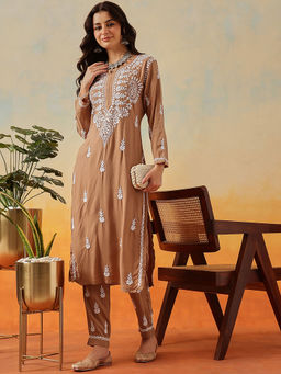 ADA - Hand Embroidered Lucknowi Chikankari Fawn Rayon Kurta (Set of 2)