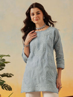 ADA - Women Ethnic Motifs Hand Embroidered Lucknow Chikankari Grey Cotton Kurti