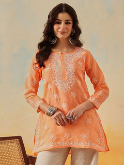 ADA - Hand Embroidered Lucknowi Chikankari Ethnic Motifs Orange Cotton Kurti