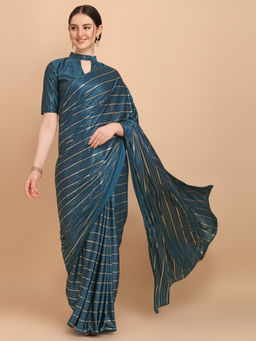 Amrutam Fab - Womens Malai Silk Blue Saree With Embellished Unstitched Blouse Piece