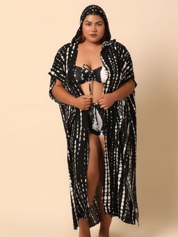 WomanLikeU - Printed Hooded Longline Cover-Up Shrug with Belt
