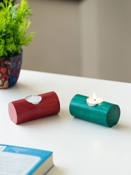 ExclusiveLane - Jugnu Drum Wooden Tea Light Holder -Set Of 2 (Pack of 2)