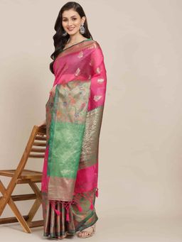 Silk Land - Heavy Banarasi Zari Woven Saree with Unstiched Blouse Piece Pink with Unstitched